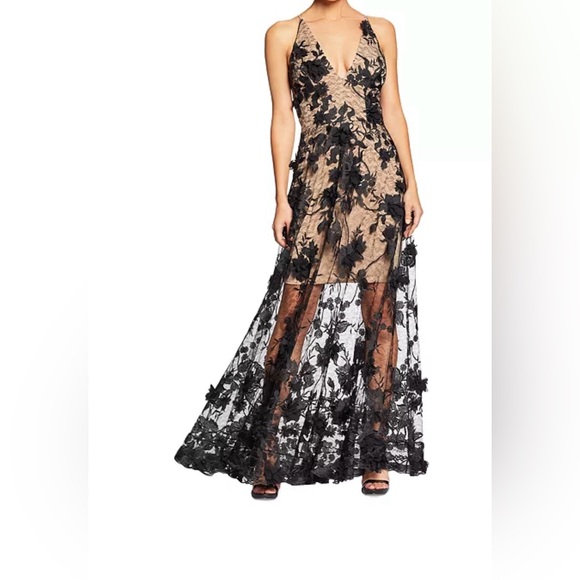 New Dress The Population Sidney Maxi Dress SZ L Black Nude Floral Lace Appliqué - Picture 4 of 10